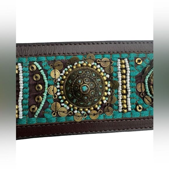 Chicos Caracas Slouch Belt Turquoise Leather Beaded Size Large - Picture 8 of 12